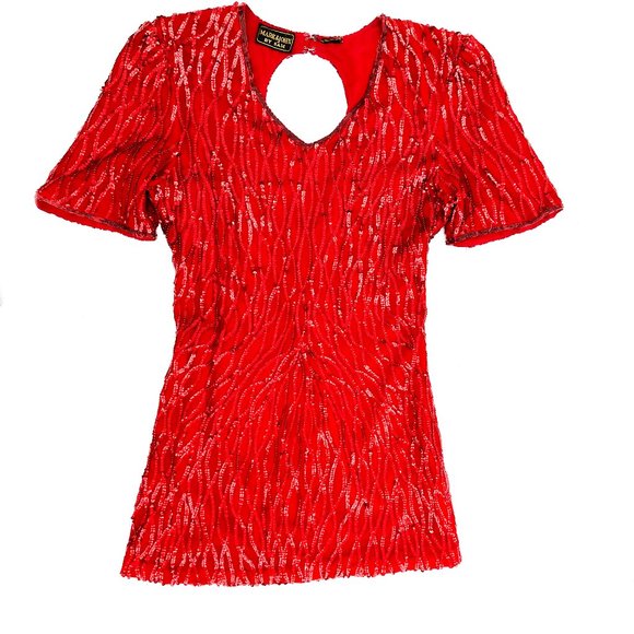 vintage red sequin dress v-neckline & back cutout 100% pure silk - Picture 4 of 7